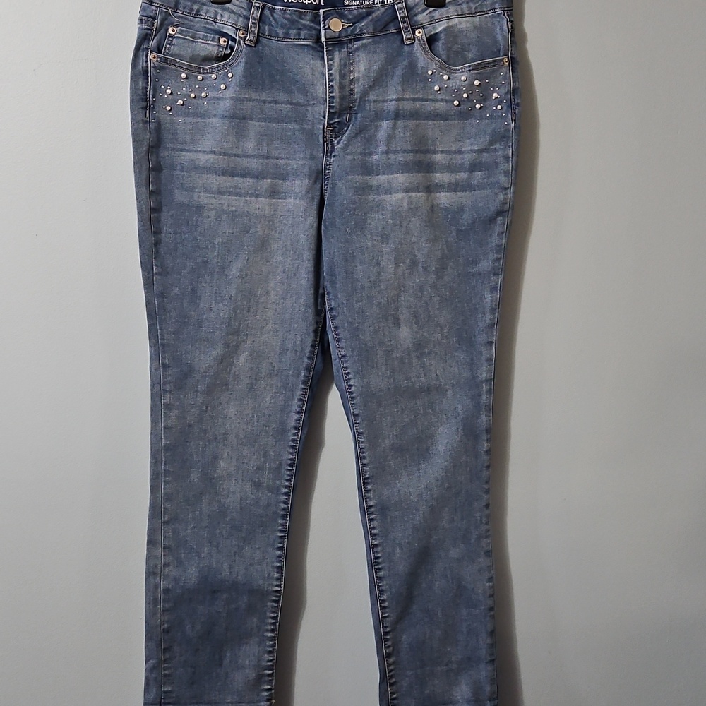 Westport Medium Blue Studded Signature Fit Crop Stretch Jeans Size 16 36x27.5